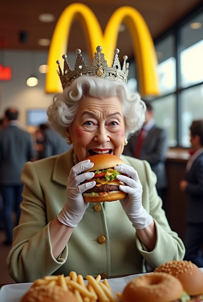 a picture of a royal queen eating  a juicy hamburger, royal queen, blond hair, in a bun, dynamic eye color, wearing a royal (crown:1.2). elegant crown, glamour crown, wearing elegant dress, royal dress, royal cloak, high fashion, wearing high heels, sitting in diner, eating a juicy hamburger, delicious hamburger, her (scepter: 1.1) is on the table  American diner background, she enjoys the hamburger, Cinematic Hollywood Film