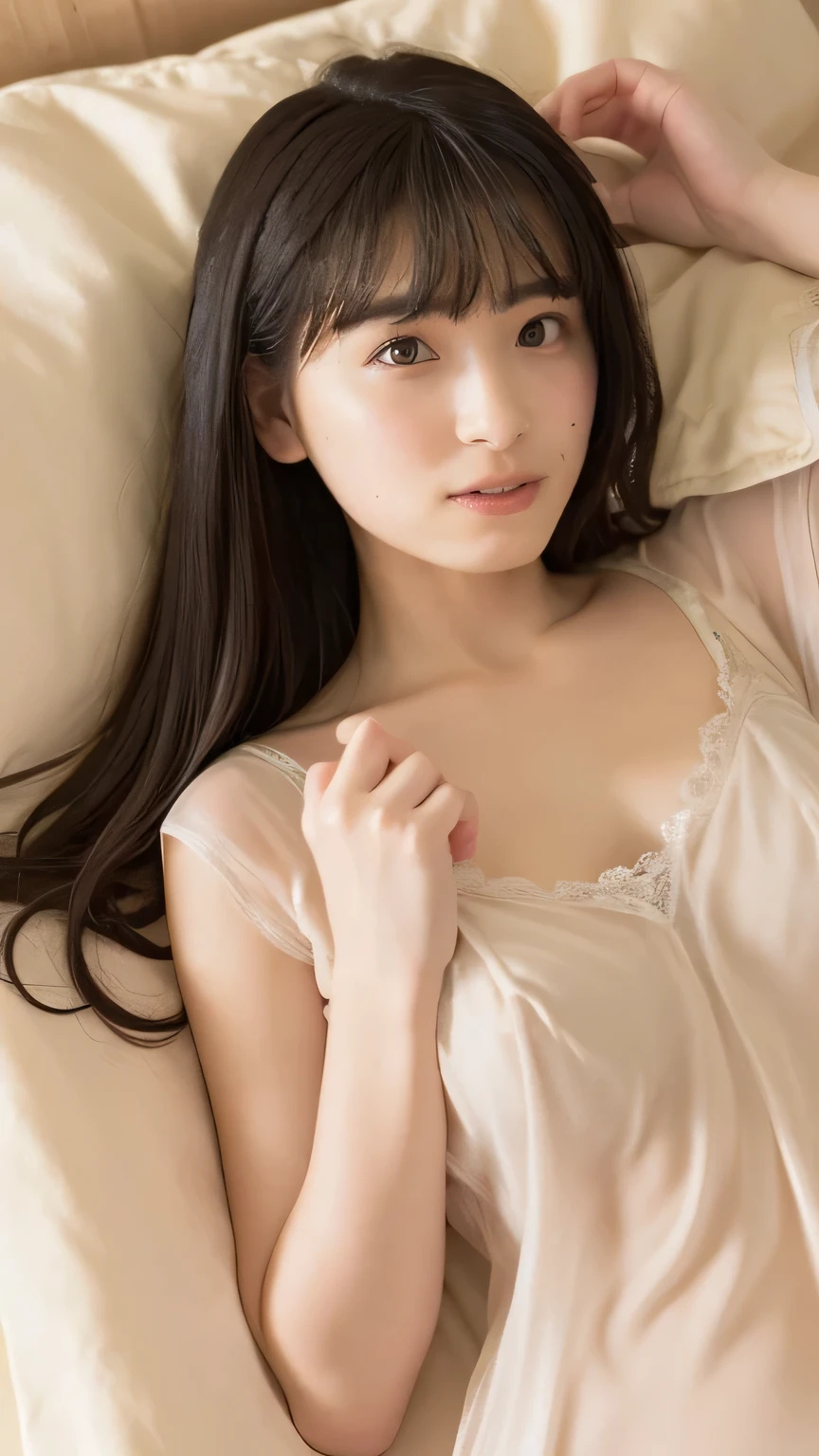  missionary position in bed  , lying in bed ,  small breasts,   GROWING SKIN,   Gorgeous Women  ,   faint smile   ,  detailed skin, face and eyes  ,  natural light , At home ,  long hair, (I'm wearing a sexy sheer nightgown:1.5) , ( Erected Nipples )、(Nipple protrusions are clearly visible:1.4)、 ( Can See Through Their Pubic Hair:1.2)、 Film Grain ,  low contrast , Natural Face ,   black hair ,  dark circles under eyes  , Camera from above ,