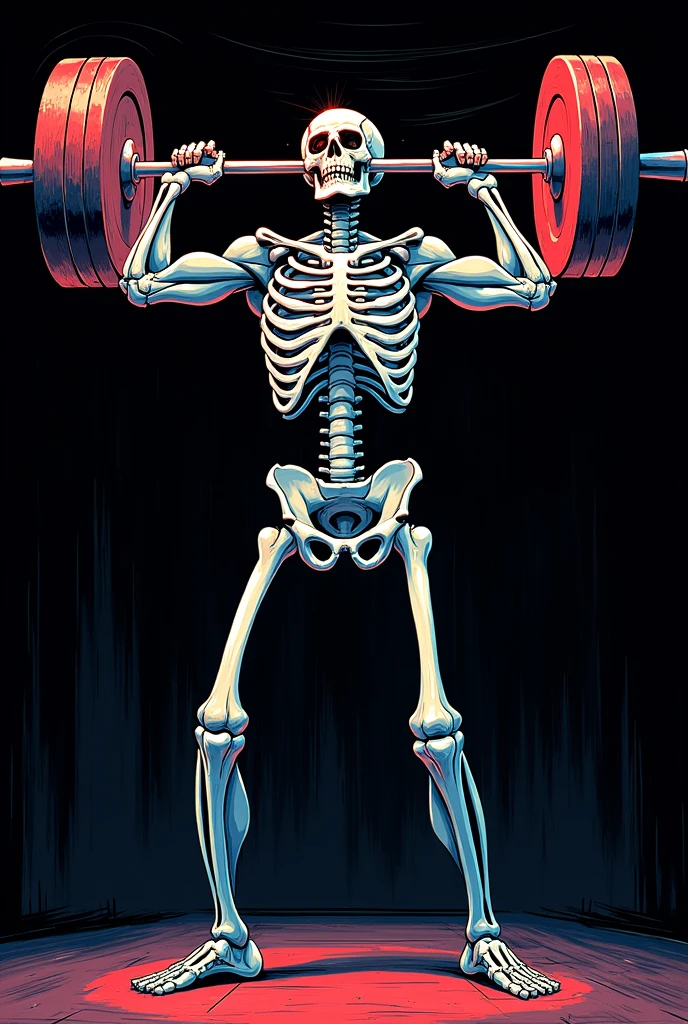 Make me a muscular skeleton lifting a gym bar, in black and white
