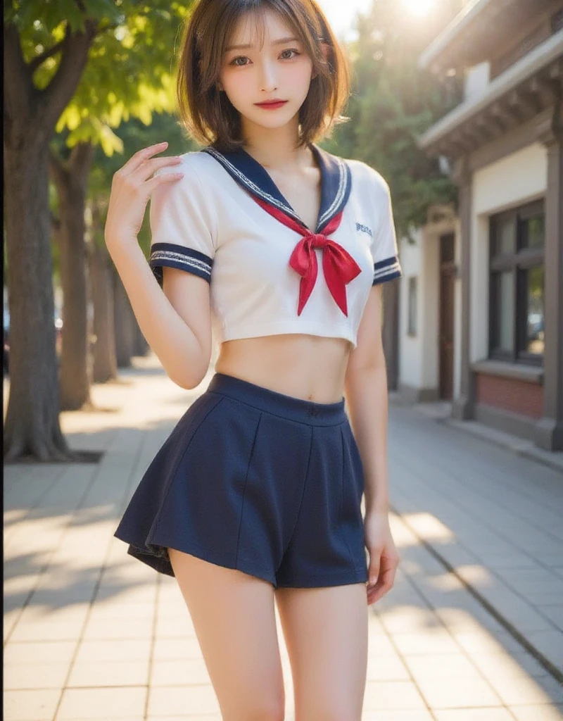  perfect composition on the board, Proper placement, Golden Ratio, masterpiece,   best quality, Front View:1.331,  staring closely at the viewer ,   She's a famous supermodel  ,   Japanese high school sailor suit  :1.21, Short sleeve clothing,   white short sleeve sailor suit :1.21, sera fuku:1.21,  red ribbon,  navy blue mini skirt ,  I can see her belly button ,  with sunlight ,  wavy hair:1.21,  short brown hair ,  Anatomically Correct Proportions, Small Head,  sun rays ,  global lighting ,  An Expression of Extraordinary Beauty  , 