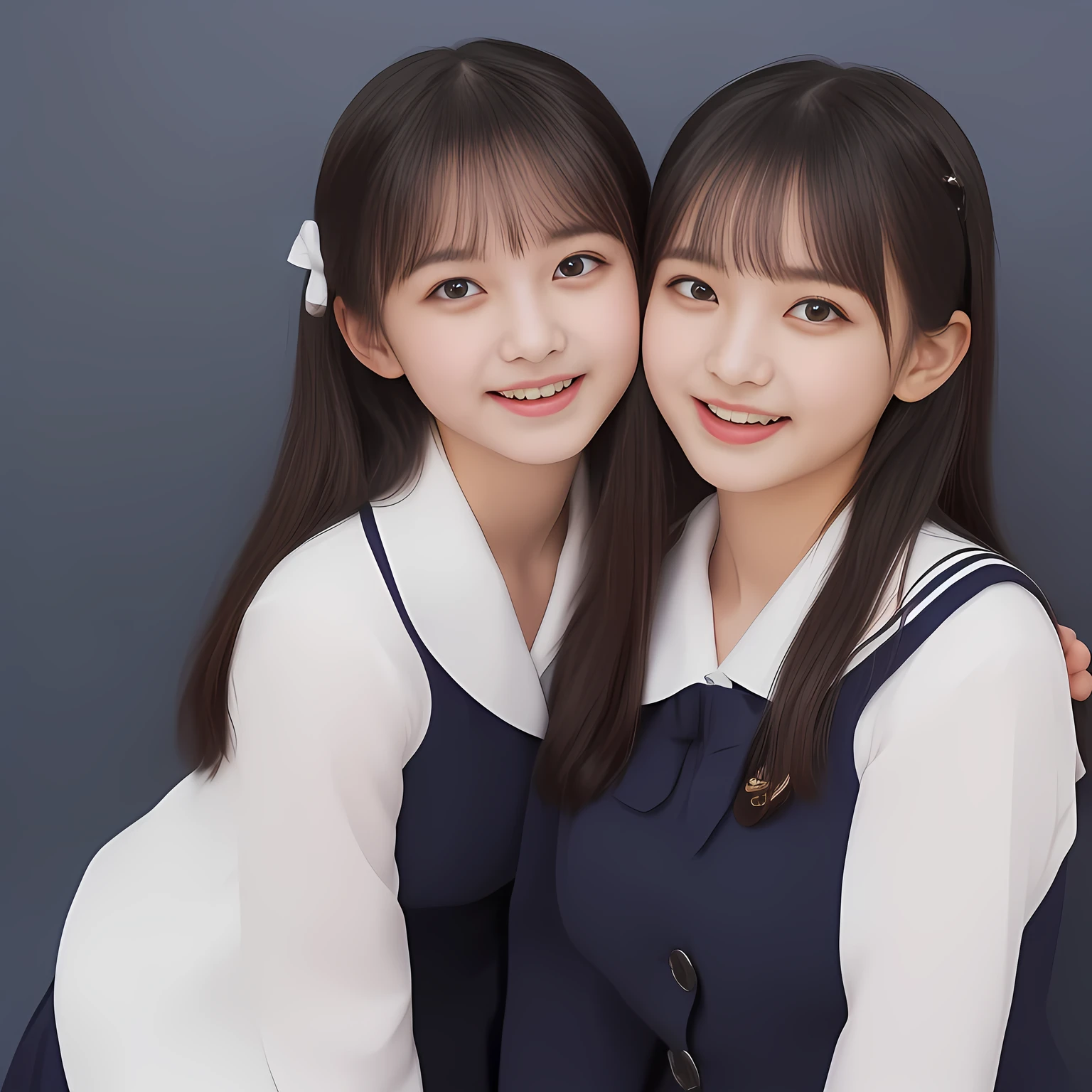 (Highest quality, masterpiece:1.2), Highest quality, High resolution, 1080P, 8k, (Two **** Japanese slender 清楚美少女アイドル are seated and give strong subliminal sexual invitation and temptation, undressing navy uniform, cute skirt with beautiful knees, looking at the viewer, can't stop showing cute smile open mouth because of feeling the viewer too ridiculous, very white-white face, very proud of her long straight black hair, using face-whitening cosmetics, **** 美少女's eyes, Small pupils, laughing giggling most open mouth, too expensive navy sailor-styled school uniform, well-straitened super-long well-trimmed long hair, evenly neatly trimmed girly cute bangs: 1.5), (Laughing blushed cheeks with dimples), (Well-balanced, impressive, very intelligent, double-eyelids, black shining large eyes of **** 美少女 with detailed: 1.5), ((Beautiful well-figured glossy opened laughing lips: 1.2)), (mature breast), (The viewer is forced to madly kiss her breast ribbon), (Very beautiful, super-glossy, cute neat black amazingly long hair, straight well-done long hair-style: 1.3), (plain blue background: 1.6), (((Completely balanced beautiful big cool eyes: 1.3))), (eyes, face and hair are especially beautifully detailed and beautifully drawn: 1.5), (She makes the viewer drink her love ribbon: 1.2), (the viewer become crazy and can't stop bursting and running every liquid to 清楚美少女, 美少女 is surprised : 1.7), (School uniform, too-cute slender 13歳 super-long-hair Japanese 美少女 idol twins are laughing at me and unties the breast button and make the viewer drink it: 2.0), (Super long hair super-beautiful 美少女 super-cute face navy-sailor-suit school-uniform pretty slender 美少女 of 美少女 photo magazine in the 1990s: 2.0), (Inevitable subliminal invitation and temptation force the viewer fall into eternal deep deep unreal pleasure of 清楚美少女ハーレム地獄: 2.0)