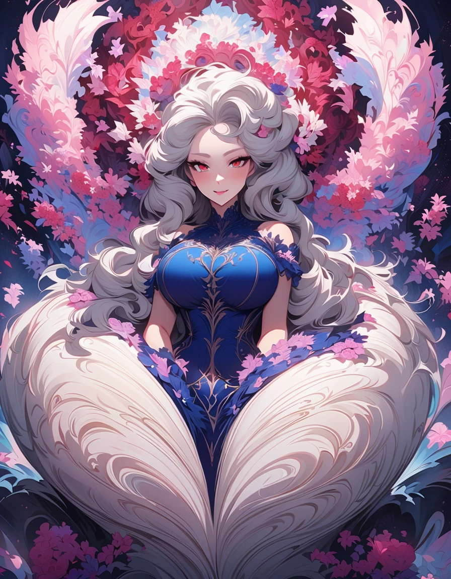  Beautiful and attractive girl ,  very beautiful red eyes ,  white hair ,  a dominant expression ,  with a somewhat provocative but beautiful smile,  wearing a beautiful blue dress , Manhwas Shoujo style , beautiful curves , Big breast, Duchess.