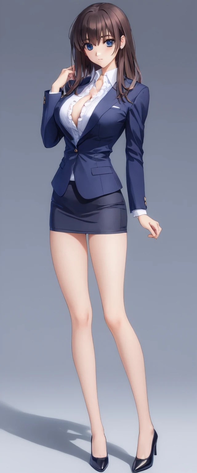 Megumi Kato,  1 girl, Alone, bangs,  brown hair, (((Female lawyer, ( formal suit micro mini skirt,   Micro Mini Pencil Skirt),  white shirt,   Navy Blue Jacket,Big Breasts、 cleavage、Thin legs、The white panties are visible from the hem of the skirt,The white panties are visible from the hem of the skirt))), perfect body for a lawn,  Anime Virtual YouTuber Full Body Model , Full body of a single character,  standing in a splendid posture , short!,  full body shot超詳細、 skinny, Alone, 1 female,   Masterpiece ,   best quality ,   best quality , 16k,  unbelievably ridiculous,  high definition, 2.5D, AI-generated, Delicate and dynamic,  Very delicate facial expression, Delicate eye depiction,  Erotic , only  sexy woman, ((A cute and kind face)), Healthy body shape, ((25-year-old woman)), Height: 170cm,  Moderately Firm Swaying Bust , sexy, (( Thin Thighs )),,  shiny,  Facing Viewers , smile, ((Oily_skin)), (((( full body shot、)))), (( Erotic  pose)),  fashion model posing with faded gray hair,   fashion model style DJ, (( beautiful eyes))