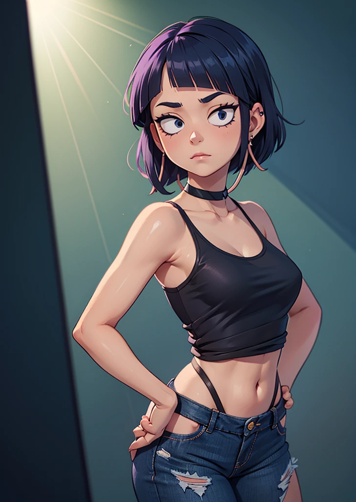 [Jirou], [My Hero Academia], ((masterpiece)), ((HD)), ((high res)), ((solo portrait)), ((front view)), (waist up), ((detailed shading)), ((intricate details)), {(slim attractive figure), (earphone jack earlobes), (cute eyes), (short dark-blue hair), (short eyelashes), (small breasts), (curvy hips), (beautiful legs), (blank expression)}, {(purple tank top), (ripped black jeans), (thong straps on hips)}, {(hands behind head), (looking at viewer)}, [ambient lighting, park, sun rays]