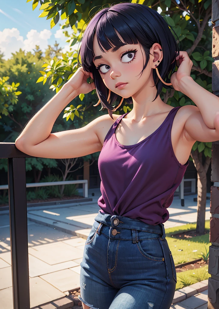 [Jirou], [My Hero Academia], ((masterpiece)), ((HD)), ((high res)), ((solo portrait)), ((front view)), (waist up), ((detailed shading)), ((intricate details)), {(slim attractive figure), (earphone jack earlobes), (cute eyes), (short dark-blue hair), (short eyelashes), (small breasts), (curvy hips), (beautiful legs), (blank expression)}, {(purple tank top), (ripped black jeans), (thong straps on hips)}, {(hands behind head), (looking at viewer)}, [ambient lighting, park, sun rays]