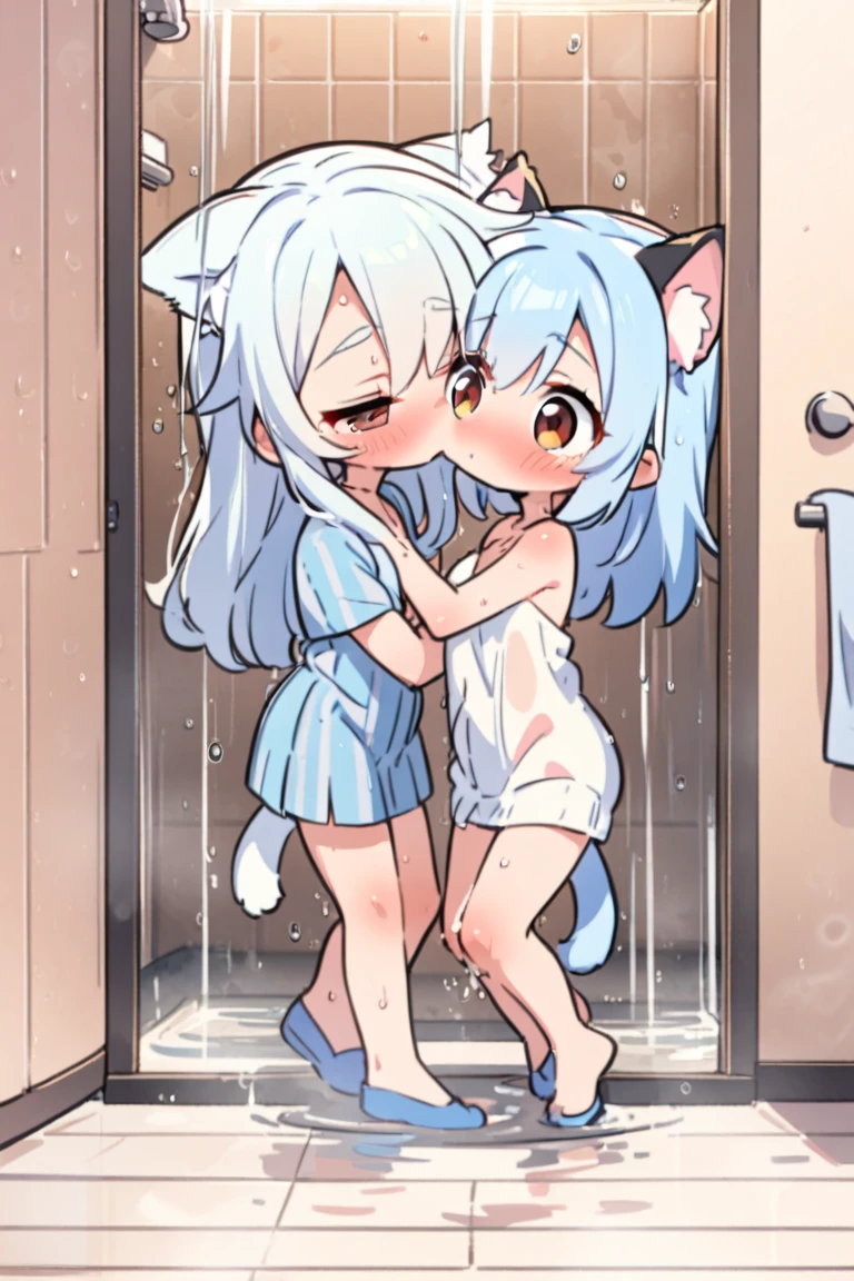 2girls ,  , one girl is tiny Chibi , large head , smiling ,  short torso , slim body , tanned Skin  ,in the shower room , perfectly naked , (large penis) , ((perfectly_bare)) , wet_body , (((Wet_body_with_White_liquid))) ,    (kissing)  