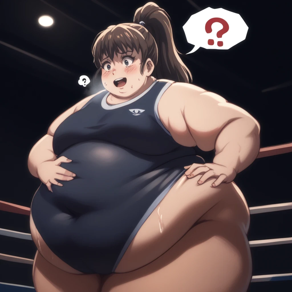 score_9, score_8_up, score_7_up, gsfghtr, ponytail, leotard, 1girl, smile, open mouth, building, (thigh), rhythmic gymnastics, gymnasium, sweaty, exercise bulging belly, fat, chubby, obese, open mouth, out of breath, absurdres, highres icon, rating:General, confused, blush, spoken question mark, {flustered}, nervous sweating, portrait, pov hands, hand on another's belly, averting eyes, [looking away], straight-on, from below, swollen face, masterpiece, best quality, ultra-detailed, high resolution, 8K, absurdres, highres icon,