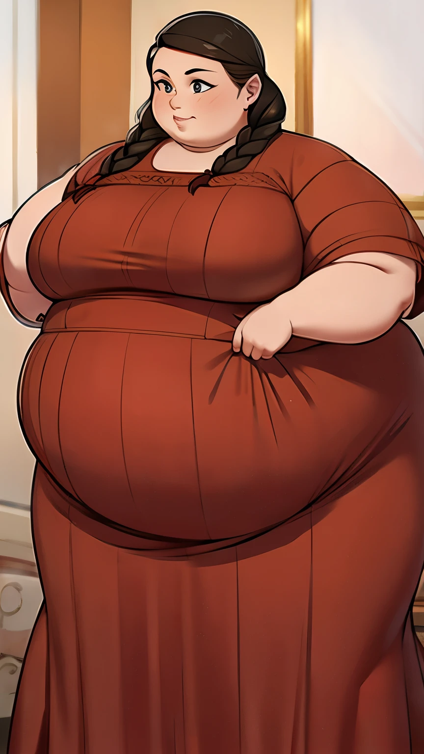 (Obese:1.3)Middle aged, mommy, hands on hips, casual pose, smiling, Full body, bedroom, looking at viewer, Short bob haircut, Windswept Messy Bob purple Hair, eyeliner, (red dress), (red lipstick), (light blue pearl necklace), cleavage, milf, mature, (purple eyes) Round face, double chin, fat chin, fat cheeks, fat neck, round face, SSBBW, flabby arms, round face, double chin, fat double chin, big double chin, fat neck, chubby cheeks, fat thighs, fat calves, morbidly obese, flabby boobs, giant , large belly, obese, fat face, belly, double chin, obesity, flabby breasts, fat arms and legs, fat everything,