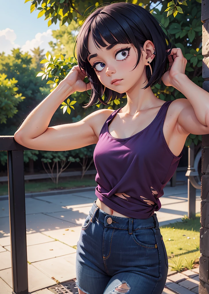 [Jirou], [My Hero Academia], ((masterpiece)), ((HD)), ((high res)), ((solo portrait)), ((front view)), (waist up), ((detailed shading)), ((intricate details)), {(slim attractive figure), (earphone jack earlobes), (cute eyes), (short dark-blue hair), (short eyelashes), (small breasts), (curvy hips), (beautiful legs), (blank expression)}, {(purple tank top), (midriff), (navel), (ripped black jeans), (thong straps on hips)}, {(hands behind head), (looking at viewer)}, [ambient lighting, park, sun rays]