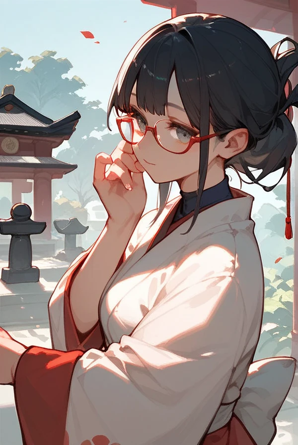 Black hair, long hair, glasses, red kimono, Japanese shrine, shrine visit