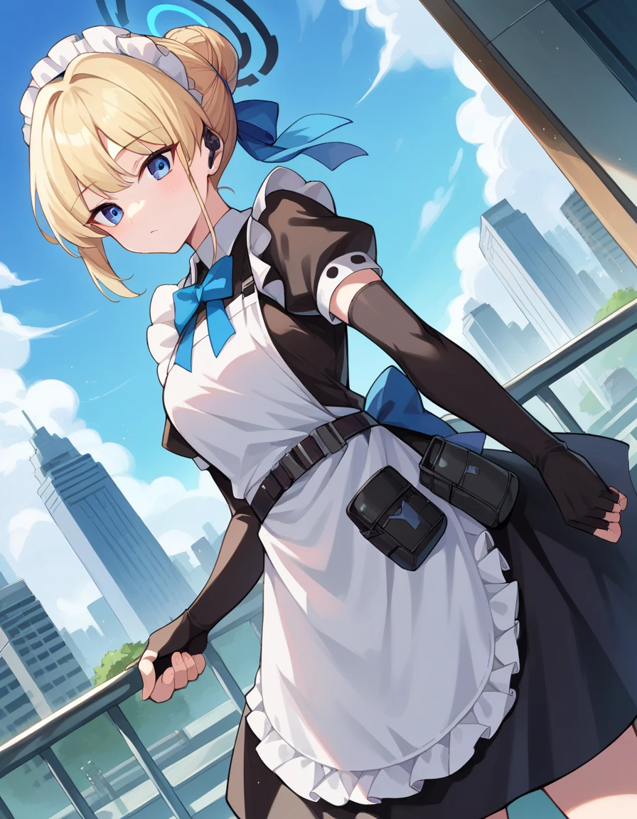  score_9,  score_8_up,  score_7_up,  source_Anime,
of courseasuma, of course,  blonde hair,  blue eyes,
Hair Bun,  short hair, halo, apron, belt Pouch, black  dress, black Gloves, blue bow, bow,  dress, elbow Gloves, fingerless Gloves, Gloves, halo,  Long Sleeve , Maid, Maid apron, Maid head dress, Pouch,
Outdoor, cityscape,  slouching forward,
 look at the viewers,  Dutch Angle,  cowboy shooting