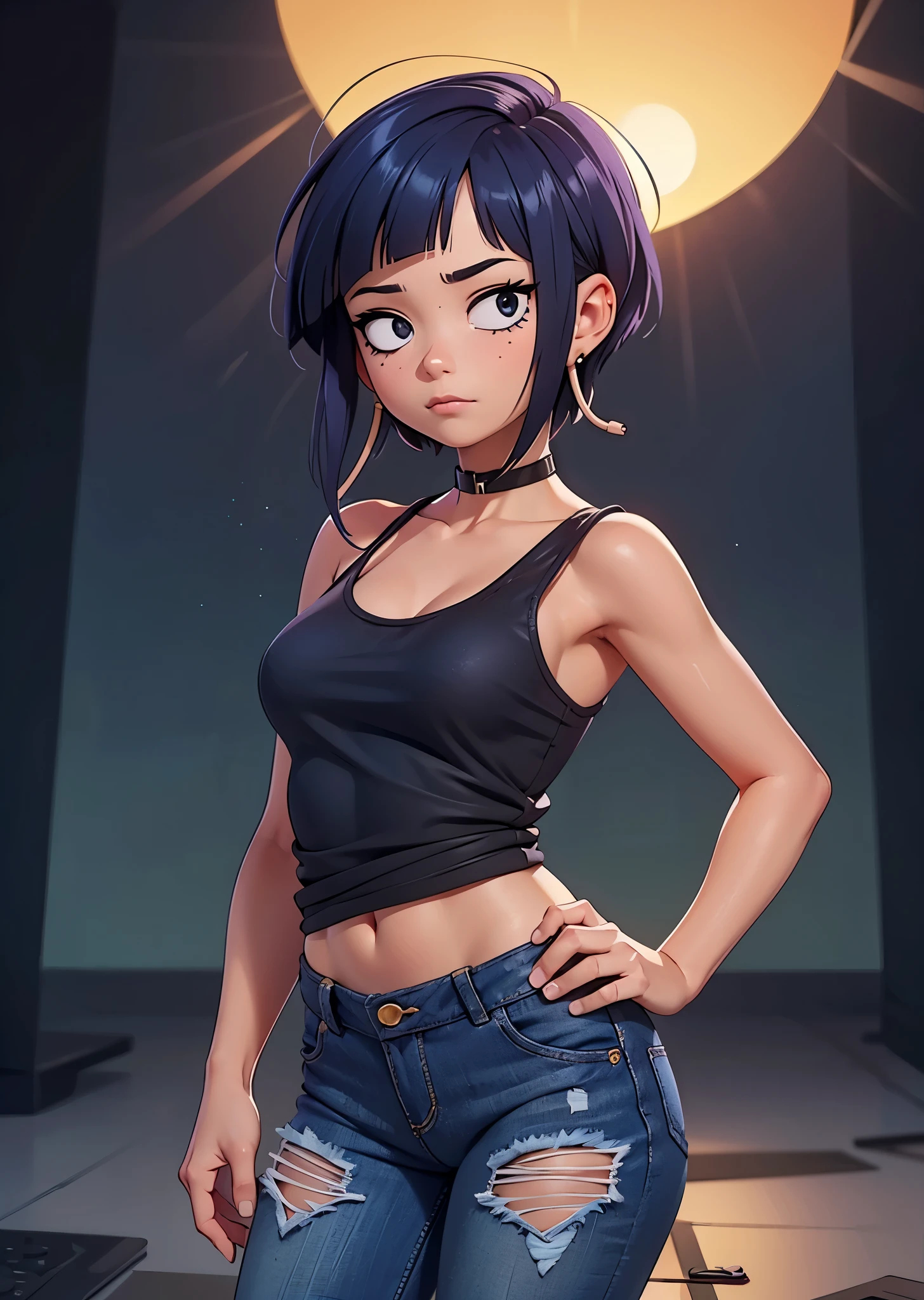 [Jirou], [My Hero Academia], ((masterpiece)), ((HD)), ((high res)), ((solo portrait)), ((front view)), (waist up), ((detailed shading)), ((intricate details)), {(slim attractive figure), (earphone jack earlobes), (cute eyes), (short dark-blue hair), (short eyelashes), (small breasts), (curvy hips), (beautiful legs), (blank expression)}, {(purple tank top), (ripped black jeans), (thong straps on hips)}, {(hands behind head), (looking at viewer)}, [ambient lighting, park, sun rays]