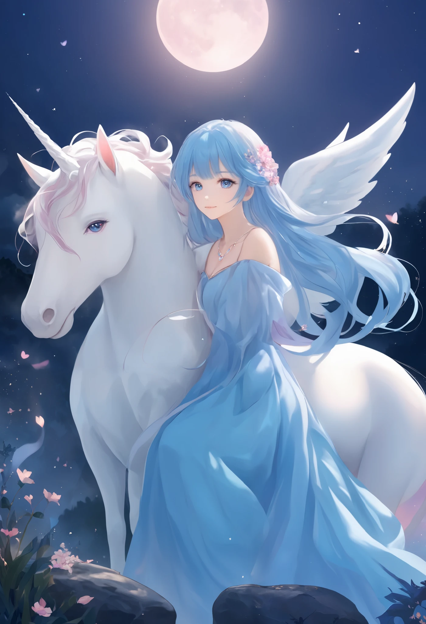 Long haired anime girl hugging a white unicorn' (unicorn)1 long haired anime girl hugging、smile、 pink dress beautiful fantasy anime, Ethereal Anime,  more beautiful than Kira,  more beautiful than Kira art,  more beautiful than Kira artwork,  anime fantasy illustration, Long Blue Hair, Blue Haired Goddess ,  beautiful artwork illustration,  fluttering blue hair ,  anime fantasy artwork sitting on a rock with a full moon in the background, Fantastic Dream,  more beautiful than Kira art style, zerochan Art