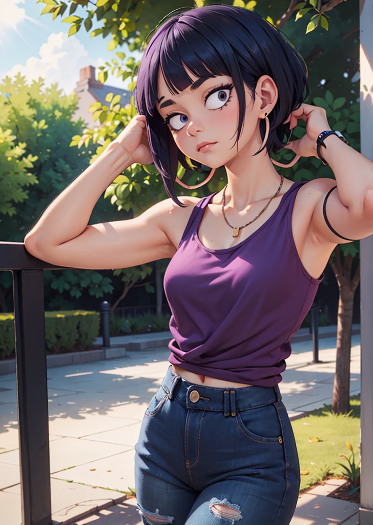 [Jirou], [My Hero Academia], ((masterpiece)), ((HD)), ((high res)), ((solo portrait)), ((front view)), (waist up), ((detailed shading)), ((intricate details)), {(slim attractive figure), (earphone jack earlobes), (cute eyes), (short dark-blue hair), (short eyelashes), (small breasts), (curvy hips), (beautiful legs), (blank expression)}, {(purple tank top), (midriff), (navel), (ripped black jeans), (thong straps on hips)}, {(hands behind head), (looking at viewer)}, [ambient lighting, park, sun rays]