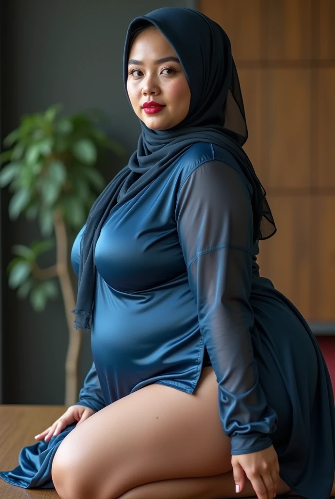 (wearing-hijab:1.4), ((ultra gigantic tits))), ((plump body shape)), ((Plump)), ((Nipple Exposed)), (Detailed description of face),(Detailed description of body), Fair and clear skin, matchless beauty, long legged,(Stockings),Beauty mole,(Sapphire Necklace),(mature royal Mother),(red-lips),(touch tits), (seducting smile), Facing the audience,Hand Lie On bed、Lie down on bed, dress、the royal palace、a bed、doress、see -through, wearing glasses, wearing t-shirt and thight pants , thick arm, thick thighs