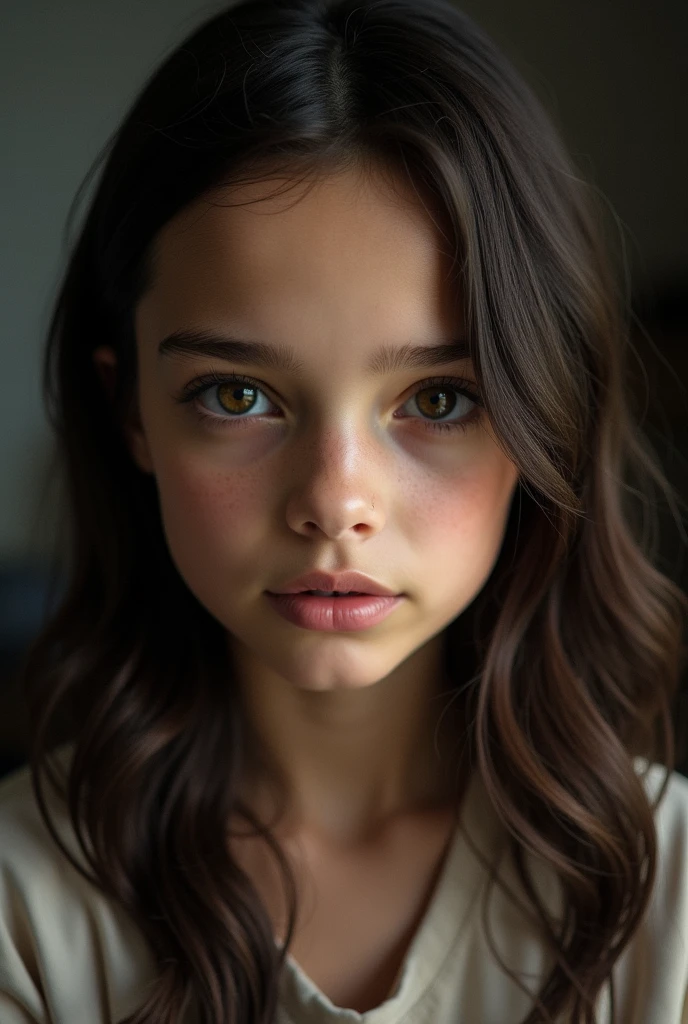14 yrs old azerbaijany girl with brown eyes and brown hair. Make the photo as a selfie. Make the quality a bit bad so it looks super realistic. Make the photo so realistic that it looks like a real girl