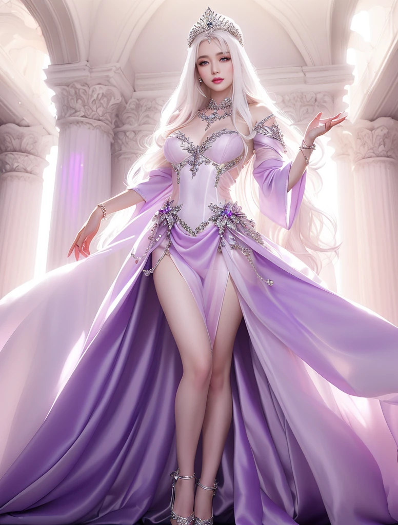 High-quality work,Realistic works,Super premium graphics,8K HD CG works,high quality graphics,High-definition and exquisite CG works,10x pixels,Ultra-fine details:1.1,Advanced technical details:1.1Realistic photo effects,Interior lighting effects:1.5,natural soft light:1.5. Light effect(Virtual light effects:1.8),Ultra-high resolution,purple shining dress,white long hair,white hair,long hair,high detailed hair(Quality hair details:1.1)Clear purple eyes,Double eyelids look good,Sharp eye makeup, Create exquisite eyelash makeup, thin eyebrows, Ultra-detailed eyes,a small nose, lovely red lips, rosey cheeks, With delicate makeup on her face , pretty face, The face shape is perfectly proportioned,(Advanced facial details:1.1) vibrant colors, female, masterpiece, sharp focus, best quality, depth of field, cinematic lighting, white hair, purple eyes, purple long dress with split, long hair, puple eyes, earrings, bracelet, necklace, rings, jewelry, purple dress, hair ornament, magical girl clothes, breasts, magical sailor guardian long dress, sleeveless, Glove, high heels, universe scepter, universe Staff, Women's artwork,Dress full body,full body, hourglass shape, hourglass figure, white skin, white legs, Reality,Amazing Cleavage,