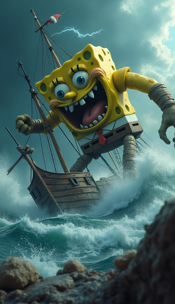 Spongebob's figure transforms into a giant, terrifying and terrifying monster, angry and blindly attacking a pirate ship, in the middle of an ocean with big waves and storms, full of anger and wanting to kill pirates, the ship is in ruins, made in detail about each part and the best work of a pirate film sea