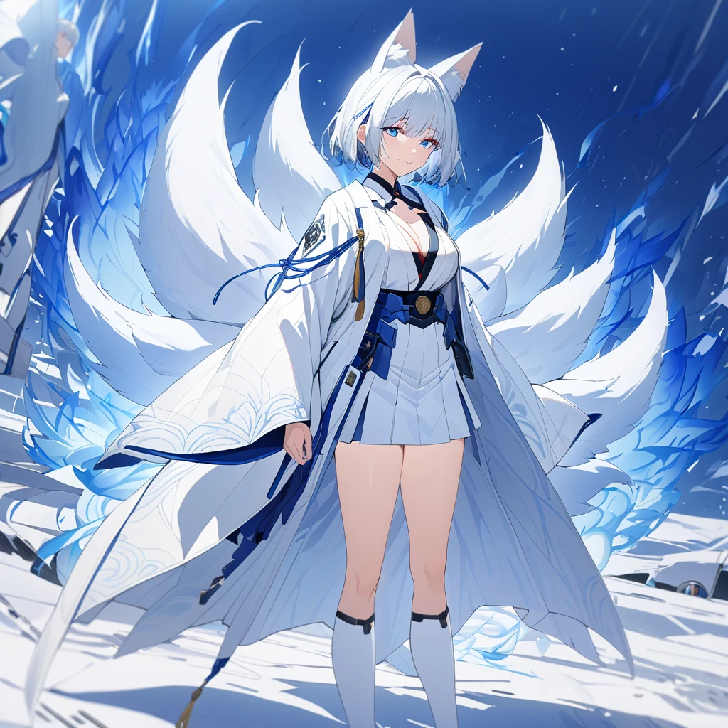 A woman wearing a long white coat with blue details, white kimono, short blue skirt, Japanese aesthetics, long white socks, red heels, blue eyes, white hair, short hair, kitsune ear, kitsune tail, multi tail, blue flames around, in an open field, blue flames. smiling, big breasts. UHD, prime work, accurate, anatomically correct, textured skin, super details, high quality, best quality, 8k, high resolution, bokeh effect. (woman alone)
