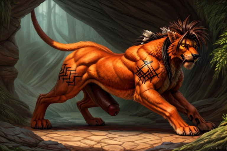 - male furry (dream tiger) with red spiked penis, full body, standing on a deserted beach