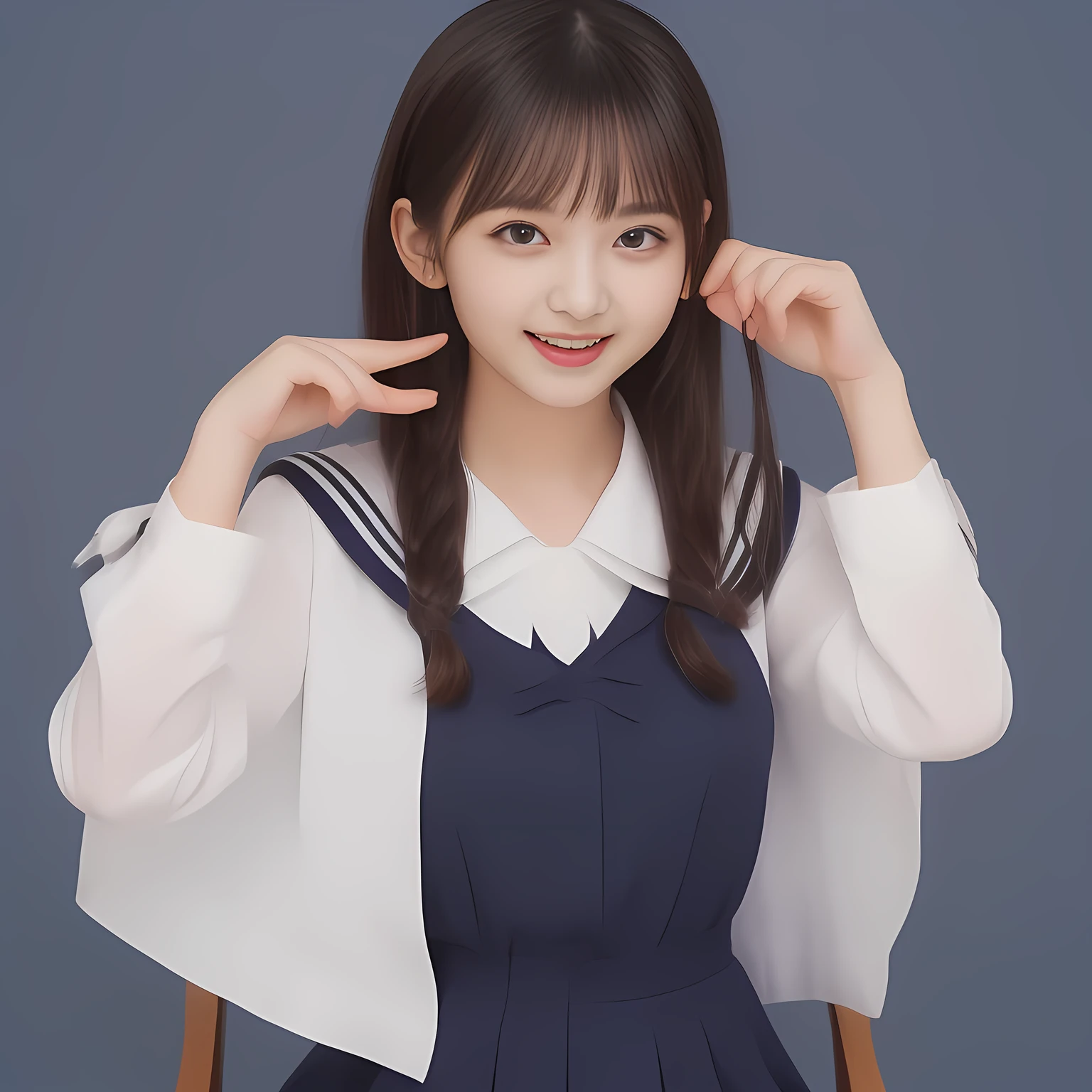 (Highest quality, masterpiece:1.2), Highest quality, High resolution, 1080P, 8k, (Two **** Japanese slender 清楚美少女アイドル are seated and give strong subliminal sexual invitation and temptation, undressing navy uniform, cute skirt with beautiful knees, looking at the viewer, can't stop showing cute smile open mouth because of feeling the viewer too ridiculous, very white-white face, very proud of her long straight black hair, using face-whitening cosmetics, **** 美少女's eyes, Small pupils, laughing giggling most open mouth, too expensive navy sailor-styled school uniform, well-straitened super-long well-trimmed long hair, evenly neatly trimmed girly cute bangs: 1.5), (Laughing blushed cheeks with dimples), (Well-balanced, impressive, very intelligent, double-eyelids, black shining large eyes of **** 美少女 with detailed: 1.5), ((Beautiful well-figured glossy opened laughing lips: 1.2)), (mature breast), (The viewer is forced to madly kiss her breast ribbon), (Very beautiful, super-glossy, cute neat black amazingly long hair, straight well-done long hair-style: 1.3), (plain blue background: 1.6), (((Completely balanced beautiful big cool eyes: 1.3))), (eyes, face and hair are especially beautifully detailed and beautifully drawn: 1.5), (She makes the viewer drink her love ribbon: 1.2), (the viewer become crazy and can't stop bursting and running every liquid to 清楚美少女, 美少女 is surprised : 1.7), (School uniform, too-cute slender 13歳 super-long-hair Japanese 美少女 idol twins are laughing at me and unties the breast button and make the viewer drink it: 2.0), (Super long hair super-beautiful 美少女 super-cute face navy-sailor-suit school-uniform pretty slender 美少女 of 美少女 photo magazine in the 1990s: 2.0), (Inevitable subliminal invitation and temptation force the viewer fall into eternal deep deep unreal pleasure of 清楚美少女ハーレム地獄: 2.0)