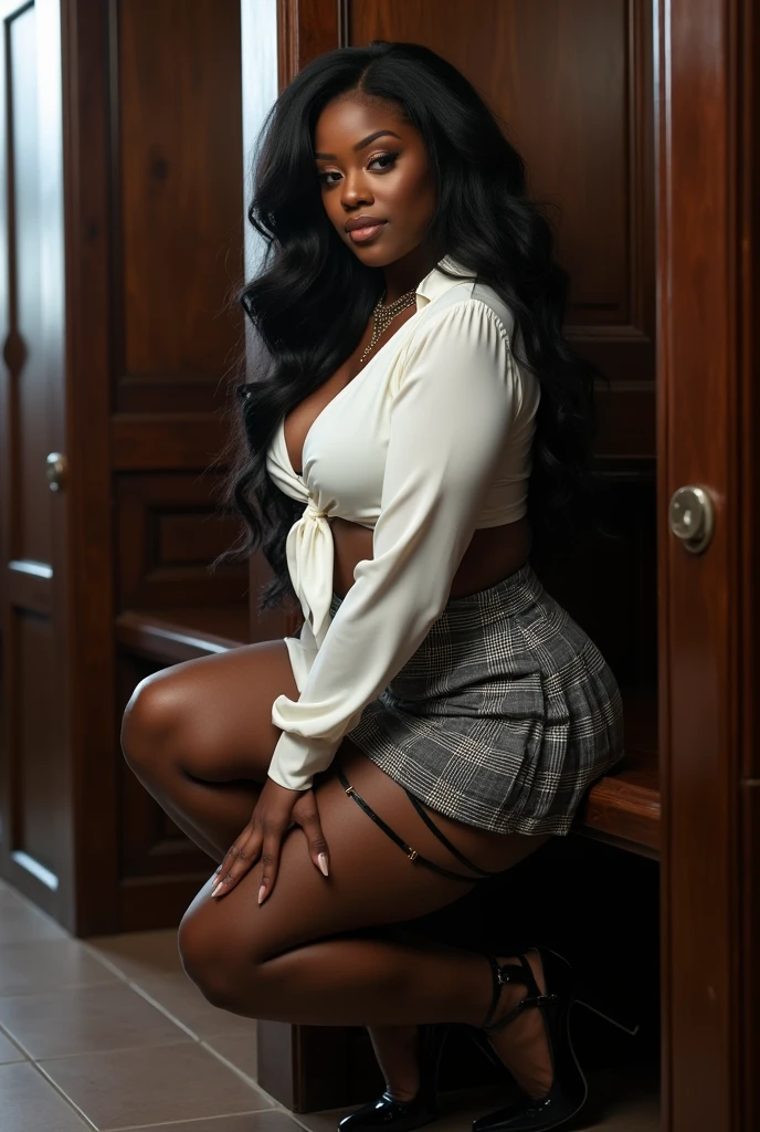 ((Benevolent ((dark-skinned Haitian)) ((goth)) high-end lawyer)) with (long braided (grey) hair) sitting on an expensive office chair while typing on copper typewriter at her desk, visible geometric tattoos, (wearing professional business suit with long pleated skirt and golden bracelets and thigh high stockings), plump thighs, high quality photo, (sitting next to window at desk of lawyer's office during golden hour with views of (Sakura tree forest) background),