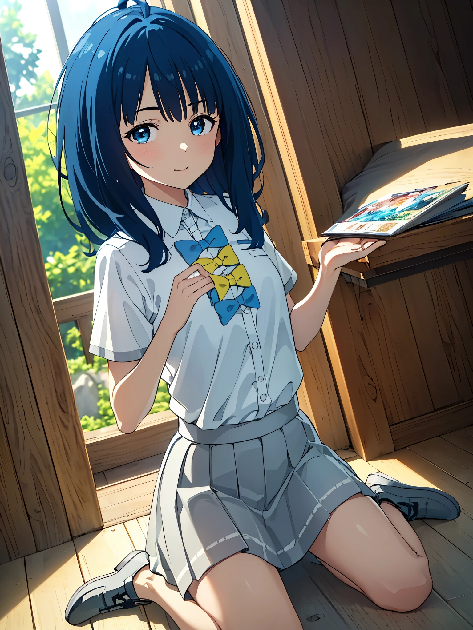 AnnaSchool, collared shirt, white shirt, blue bowtie, yellow bowtie, short sleeves, pleated skirt, grey skirt, (best quality, masterpiece:1.2), 1girl, (((masterpiece))), looking at viewer , top-quality, top-quality, High Details, 1girl, illustratio, comic strip, soothing tones, Subdued Color, Soft cinematic light, adobe lightroom, photolab, HDR, intricately and hyper-detailed、(((depth of field, (((masterpiece)))。(((top-quality))).)((ultra-detailliert)))。(((illustratio)))。(((takeout))).(((up chest))).((morning glow)).((the setting sun)), solo, anime, anime screencap, ray tracing, ultra resolution image, vivid color, cinematic light, lens flare, light on face, glow eyes, depth of field, happy, detailed background, cute, straight-on, full body,