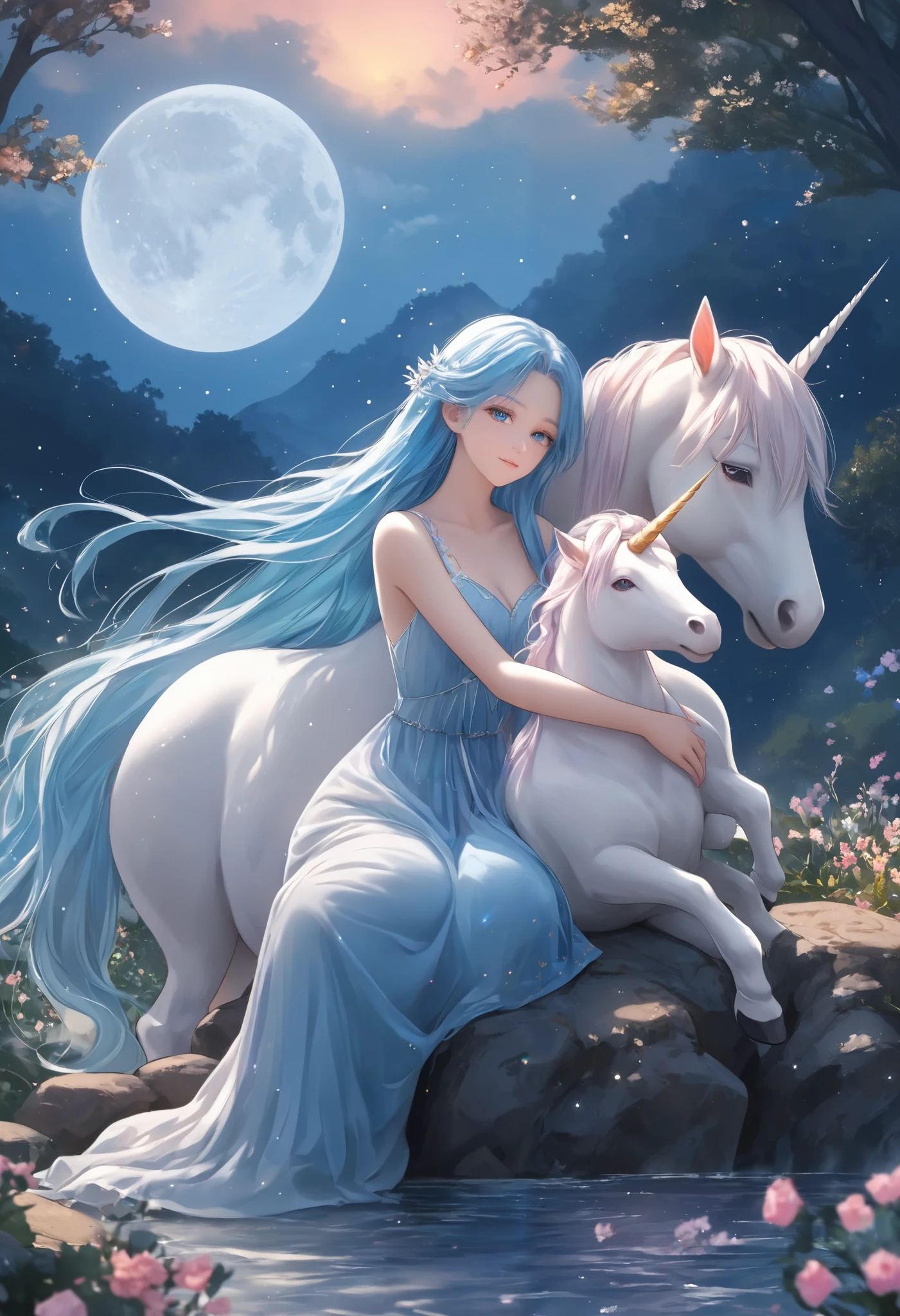 Long haired anime girl hugging a white  unicorn' ( unicorn)1 long haired anime girl hugging、smile、   1 anime girl with long hair hugging a pink dress  , Ethereal Anime,  More beautiful than Kira ,  More beautiful than Kira  art,  More beautiful than Kira  artwork,   anime fantasy illustration, Long Blue Hair, Goddess with blue hair  ,   beautiful artwork illustration,   fluttering blue hair   ,    anime fantasy artwork sitting on a rock with a full moon in the background,  fantastic dream ,  More beautiful than Kira  art style, zerochan Art