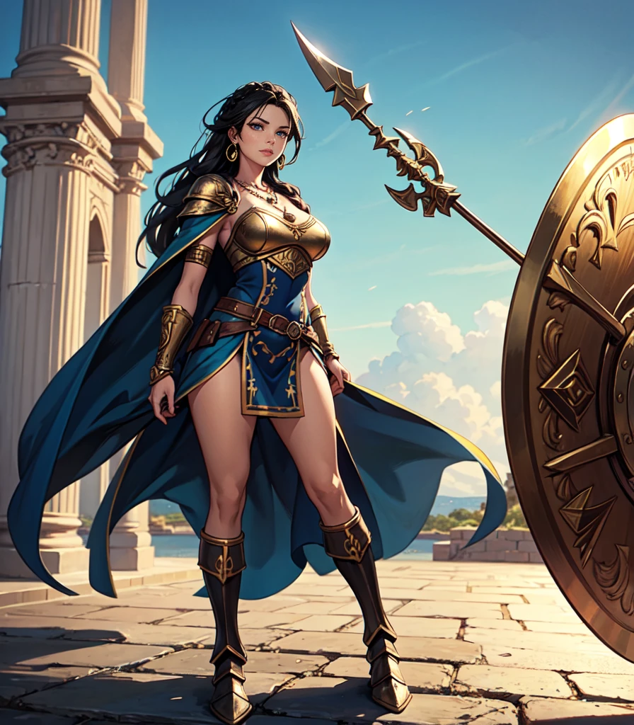 Arte inspirada John Buscema, Roman Praetorian Captain, Mulher branca, cabelos longos, ondulados, cabelos negros, voluptuosa, arrogante, armadura romana feminina de batalha, adaga em seu cinto, short sword in hand, on the deck of your ship, looking towards the horizon, battle against the Welsh barbarians