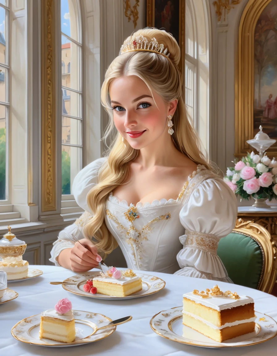 oil painting, beautiful royalty princess lady Eating slice of french Lemon chiffon cake topped with whipped cream on white plate set on an elegant table setting, long blonde hair styled updo, Challenge, by H.J. Ford, best quality, masterpiece, elegant face, sincere smile, (normal small fingers), perfectly detailed female five fingers on each hand, 2 hands, one hand with gold fork, enjoying cake, very aesthetic, detailed brush strokes, oil painting, watercolor, perfect composition, intricate is details, sit near an arched window, ultra-detailed, french oil painting, king louis IV era, malicious details, soft pastel colors, 