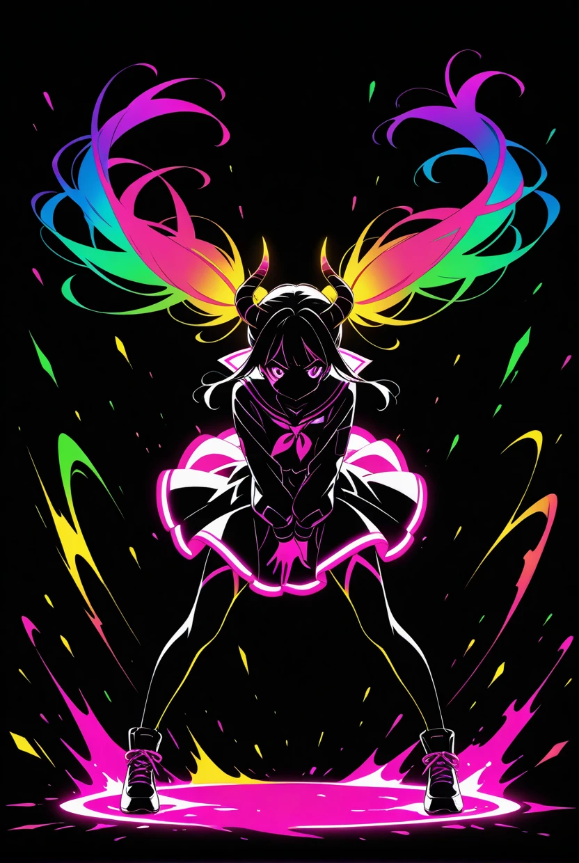 1girl,twin tails,horn,limited palette,black background,colorful,vibrant,glowing outline,neon,blacklight,any pose, dynamic, actions