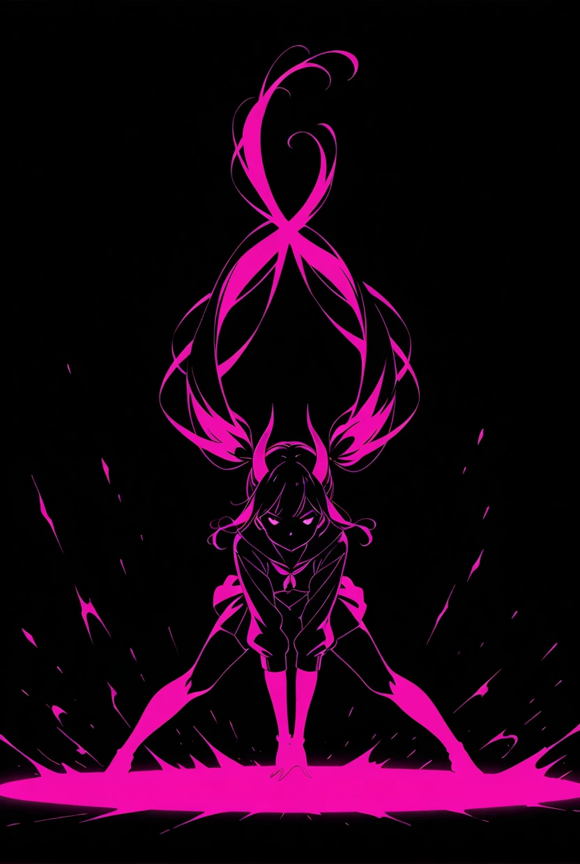 1girl,twin tails,horn,limited palette,black background,colorful,vibrant,glowing outline,neon,blacklight,any pose, dynamic, actions