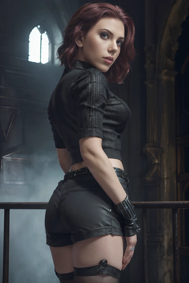from below, emma watson as harley quinn squatting on a rooftop in a busy night city, dramatic lighting
