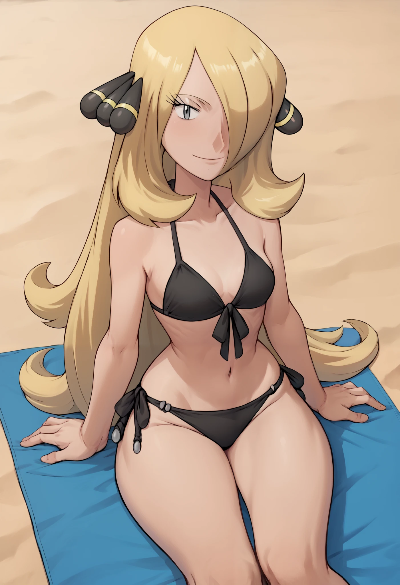 cynthia \(pokemon\), blonde hair, hair over one eye, very long hair, gray eyes, eyelashes, hair ornament, small breasts, wide hips, ((thick thighs)), bikini, gentle smile, beach