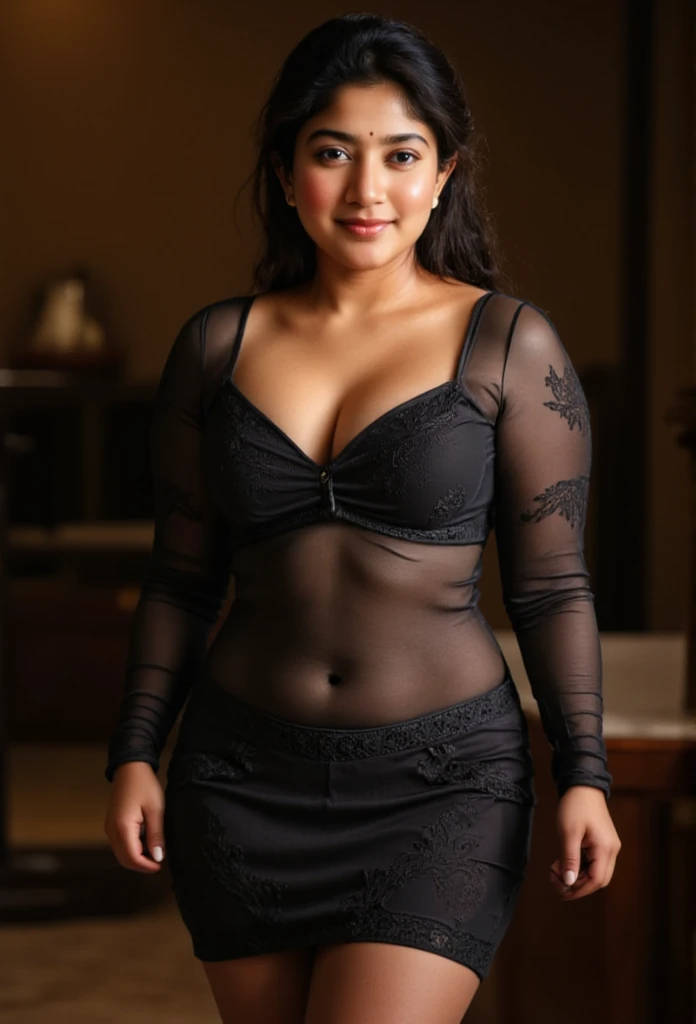  photo of 45 years old indian sexy cute face  ,  wearing see through Tied-front dress: Sultry and adjustable with ties at the bust and open sections revealing the midriff. smile, deep cleavage, showing armpit and looking at camera, , banded pigtails, 4K, HD