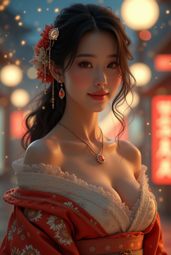 A woman with BLACK skin, blackquality hair, curly and long, almond-shaped honey-colored eyes, dark red lips, and delicate, wearing a long, tight white dress, white with red details and shiny gold pendants, using a delicate fan, decorated with ruffles and gold pendants, in an open-air palace, sitting on a porch around Chinese plants, on a starry night with the moon shining bright,