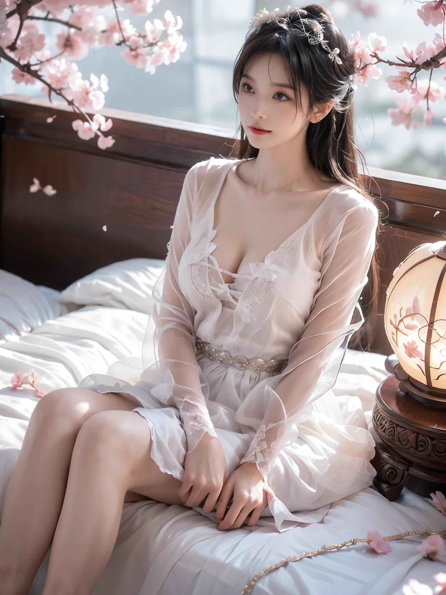 guqinghan,naraka,chinese clothes,china dress, (photorealistic:1.4), (Full breasts, visible cleavage), (Big Breast), young woman lying on white bed, upper body slightly propped up on elbows at 15-degree angle, legs gracefully extended, natural relaxed pose, 8k ultra detailed,(floating cherry blossom petals:1.3), (The hemline is very short, revealing sexy long legs), scattered pink rose petals on bed, dynamic petals in mid-air, gentle breeze effect,  soft motion blur on flying petals,confident relaxed expression, elegant smile, direct eye contact with camera, natural makeup,flowing long hair spread out on white bedding, silky smooth texture, delicate ornate hair accessories, (some hair strands interacting with floating petals:1.2),cozy modern bedroom, (soft warm lighting:1.2), vintage table lamp with amber glow, intimate atmosphere, flower petals catching warm light,shallow depth of field, professional photography, natural skin texture,  soft shadows, diffused lighting, dreamy atmosphere