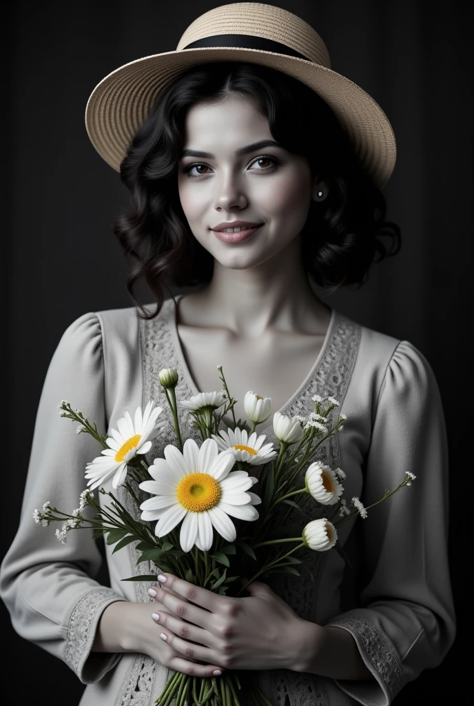 ( best quality,4K,8k, high definition ,  Masterpiece :1.2), Ultra Detailed ,(Realistic,photoRealistic,photo-Realistic:1.37), Black and white ,Rough, High Contrast , Vintage Style , retro atmosphere ,Dark Background,Bright flowers々,Beautiful woman holding a bouquet of flowers and a vintage hat.