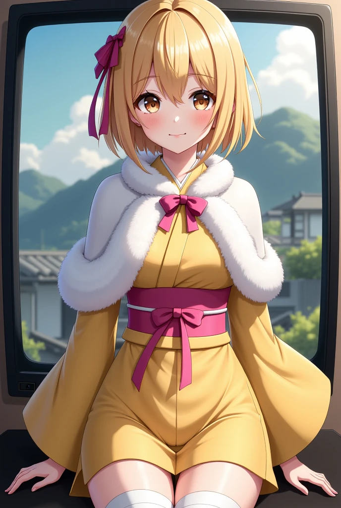 a beautiful young girl with short blonde hair, smiling with her mouth closed, brown eyes, wearing a yellow short kimono, white stockings, a white capelet, and a pink sash with a pink ribbon, half body shot, Scenery of being inside an LCD TV,