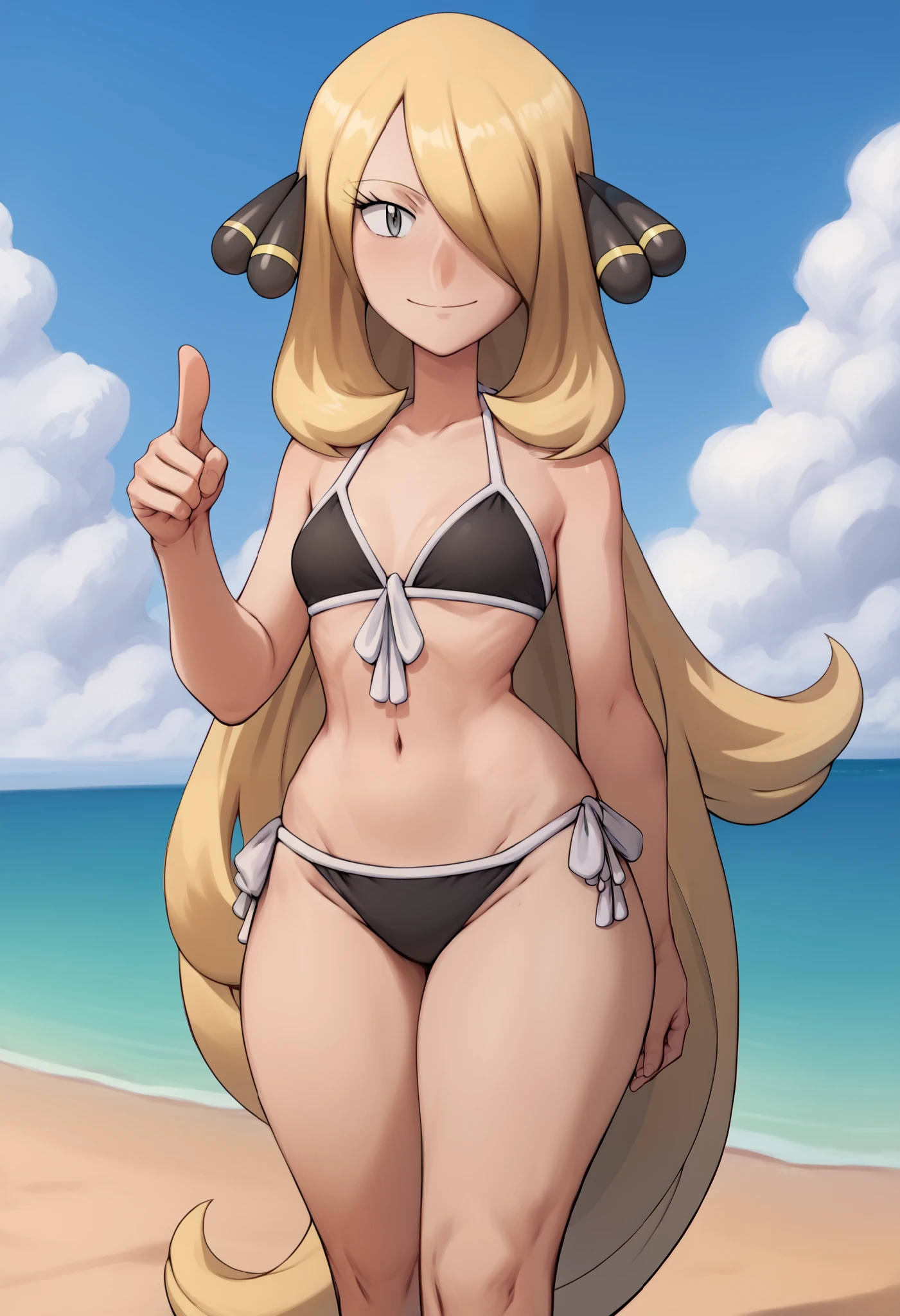 cynthia \(pokemon\), blonde hair, hair over one eye, very long hair, gray eyes, eyelashes, hair ornament, small breasts, wide hips, ((thick thighs)), bikini, gentle smile, beach, standing up, pointing at the viewer