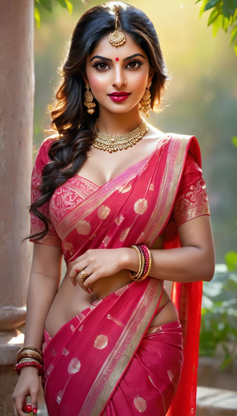 sfw, (hyper realistic photo of 25 year old gorgeous 1girl), wearing beautiful large silk printed gown, 4k, 8k, (depth of field:1.2), bokeh, full body photo, ultra detailed, (mischievous:1.2) alluring, ((25 year old most beautiful Indian girl)), beautiful face, beautiful eyes, beautiful nose, beautiful lips, beautiful body, curvy, feminine curves, big breasts, dynamic pose, makeup on face, hair and clothes flying with wind, highly detailed, hyper realistic, shot from a distance, ultra wide camera