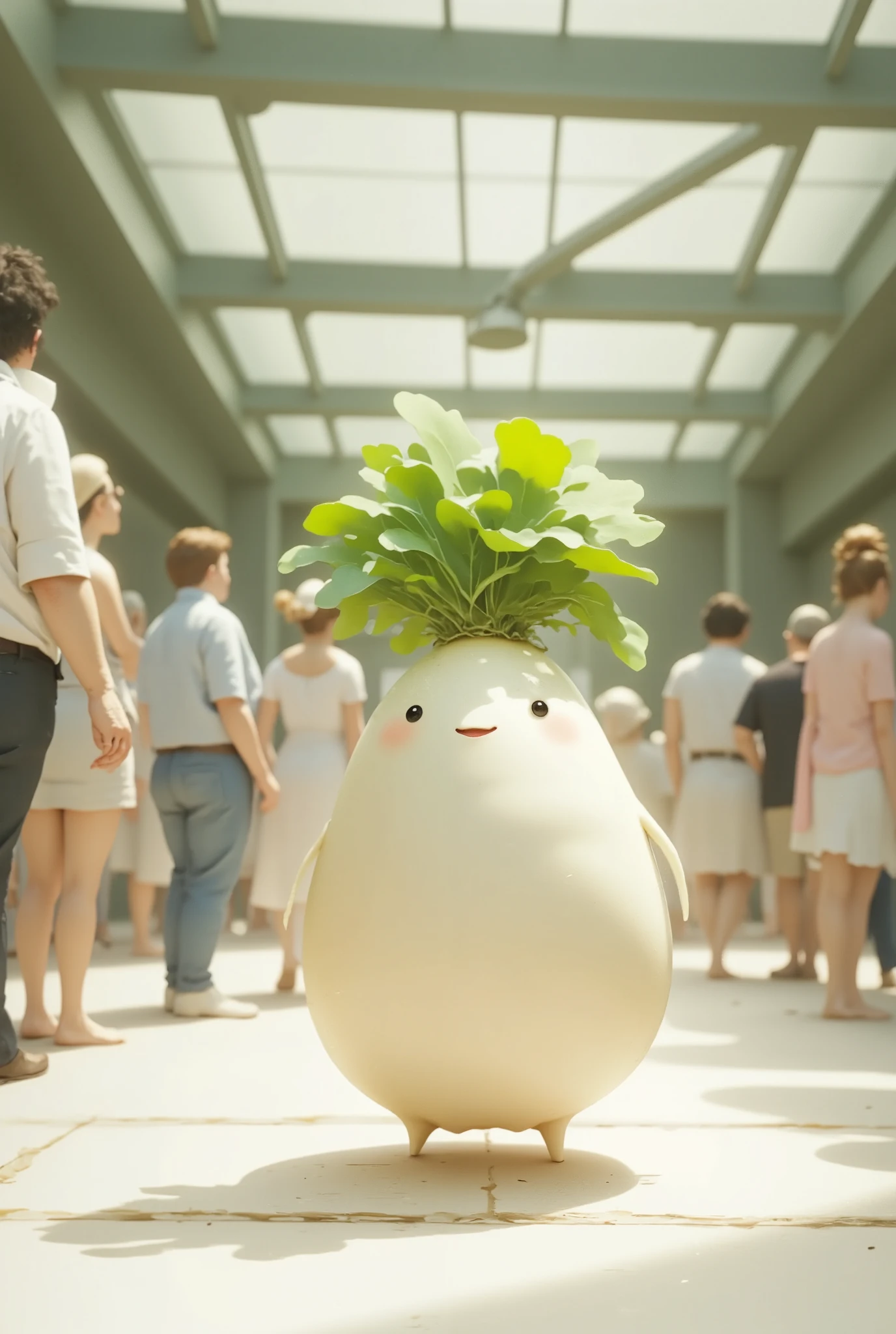 masterpiece, anatomically correct ,A very little Daikon character is walking alone, Draw in the foreground, from below, it is at a crowded train station,there is so many people,Blend in with the scenery, Holiday Season , illustration, Happy Atmosphere , anatomically correct ,  best quality,  HD Model, ultra wide shot