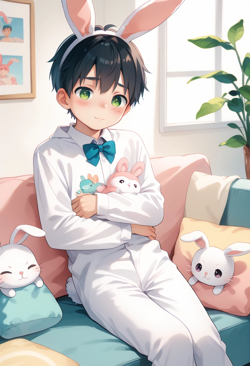 Comic style, comic anime cute boy, black hair, green eyes, slightly blushing, is a , baby clothes, bunnit pink, cute face, big eyes, anime drawing style, shota boy size,slim body, boy's body, gay, boys love it, man and boy, heart in pupil baby boy, small boy, aug holdingriend, baby bunny clothes, sitting 