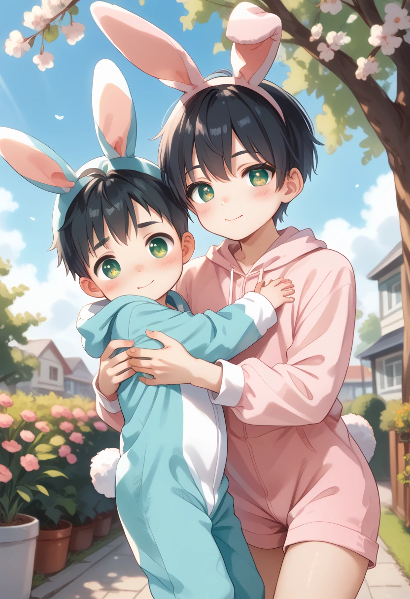 Comic style, comic anime cute boy, black hair, green eyes, slightly blushing, is a primary school boy, baby clothes, bunny suit pink, cute face, big eyes, anime drawing style, shota boy size,slim body, boy's body, gay, boys love it, man and boy, heart in pupil baby boy, small boy, arm hug holding boyfriend, baby bunny clothes 