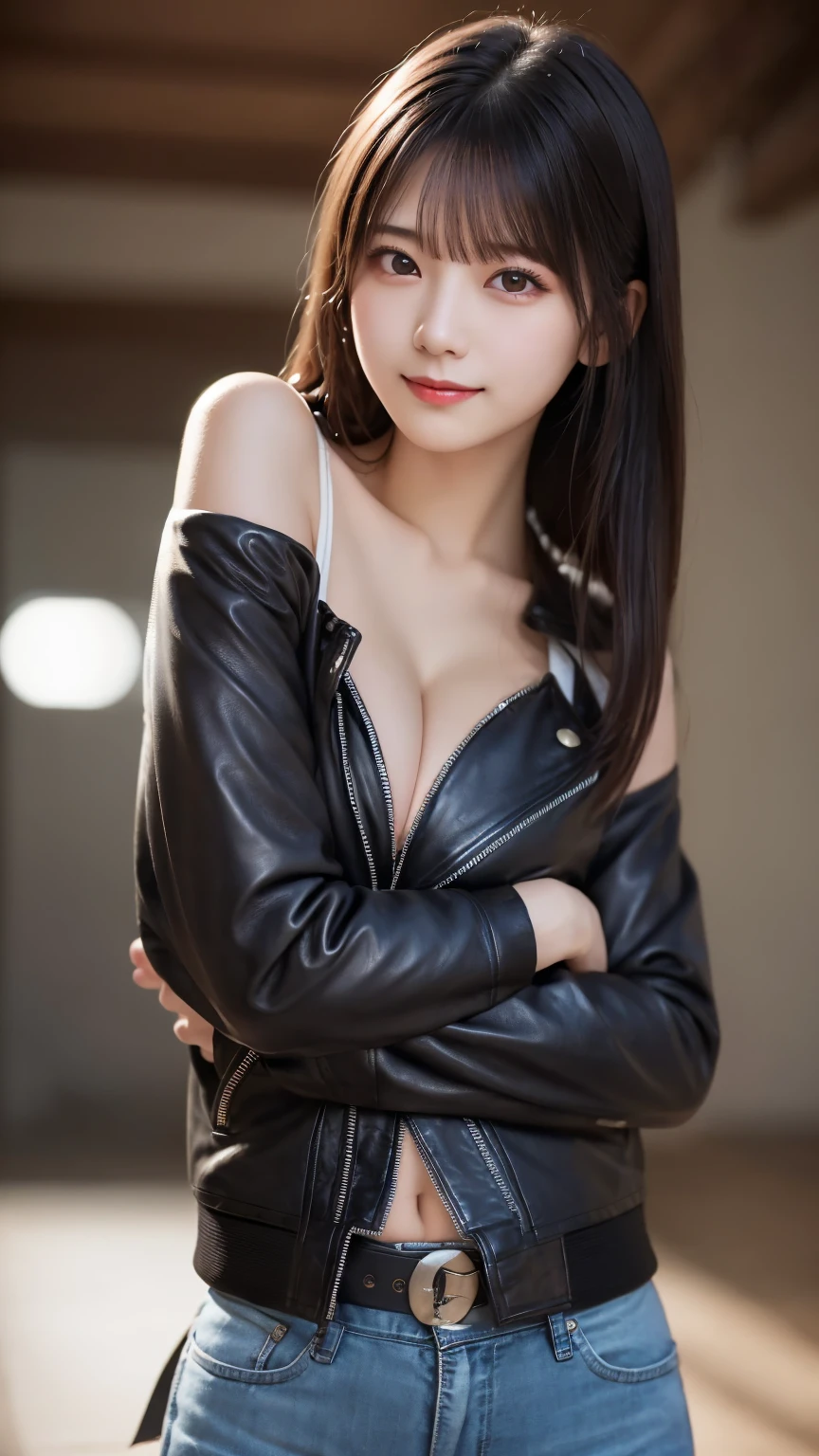 (Leather jacket : 1.4), (Pose to stretch your elbows : 1.5), ( upper body : 1.5), Feminine dark hair , ( Delicate and realistic hair, Realistic black Hair), bangs, natural colored lips, smile, ((white indoor)), indoor, ( 18 year old female : 1. 2), young and adorable Japanese face, Official Art, high definition CG Unity 8k wallpaper, (masterpiece: 1.0) , ( best quality: 1. 0), ( best quality: 1. 0), Ultra high definition ,4K, Very detailed, half photos with Brazil,8k, NFSDW  , high definition , Kodak Portrait 400, film grain , lens flare glow, best quality,8k, NFSDW  :1. 2), as a portrait shot,8k, Show viewer , ((masterpiece)), (( best quality)), ( super detailed), ((cute)), (Nice), (( sexy)), (( Very detailedな)), (detailed clothing features), 4K, (8k), (beautiful), Illustration, beautiful Japanese woman, ((1 female)), beautiful black hair, ( long hair:1.2), ((beautiful eyes)), lens flare , (((Front View))), ((facing))、(Bold Cleavage : 1.3)