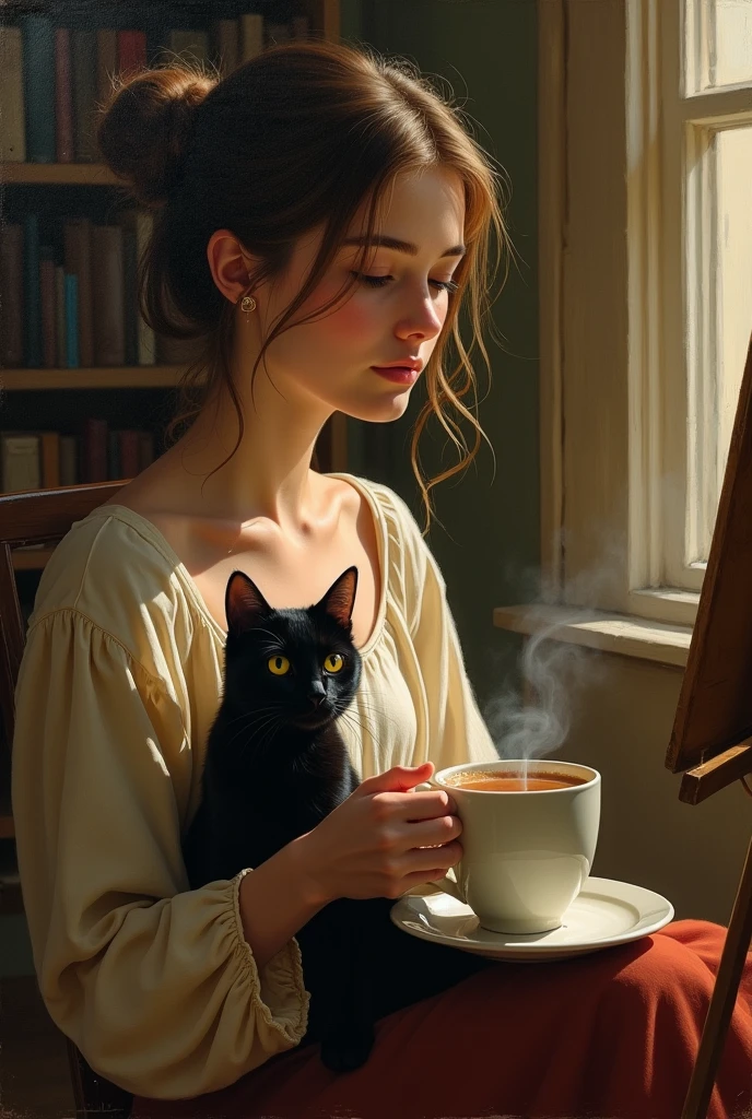 Ink splashes, image of beautiful poetess girl 25 Y.O. Sitting on table with cup of coffee and cat is sitting beside the table and background is a poetry room in which the girl is sitting, on kraft paper in the technique of aerosol painting, ink, high resolution