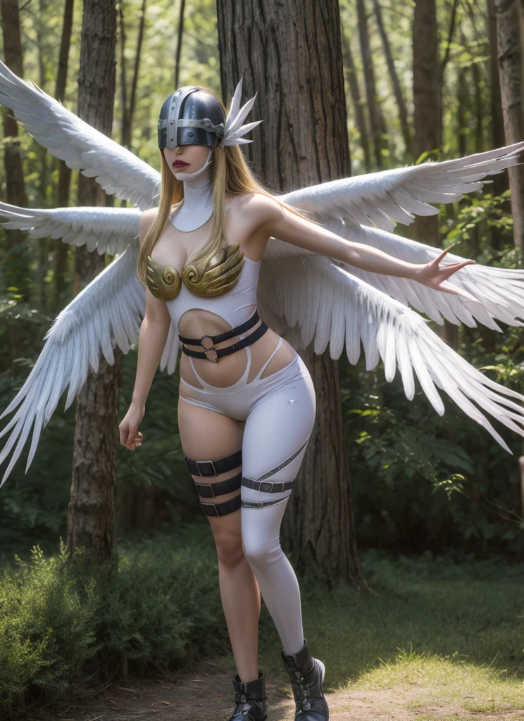 ((Best quality)), (( very detailed)), Absurd, ( detailed eyes, Deep eyes), (1girl),  dynamic pose, Full body, Angewomon, blond hair,  long hair, feathered wings, ((additional wings)), large wings, winged helmet, scarf, medium breasts, asymmetrical clothing, thigh strap, Loop, (outside, on a pine tree_Tree forest, One), detailed mouth, masterpiece