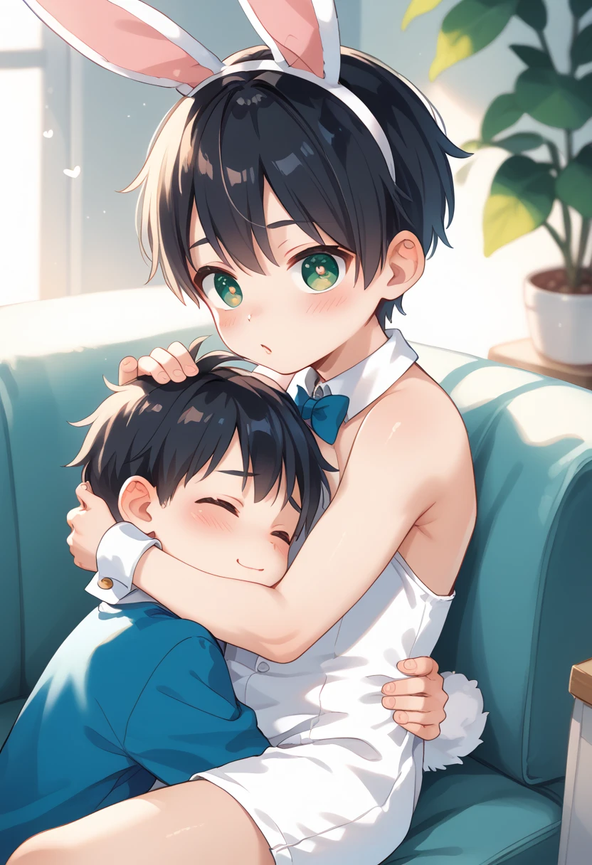 Comic style, comic anime cute boy, black hair, green eyes, slightly blushing, is a primary school boy, baby clothes, bunny suit pink, cute face, big eyes, anime drawing style, shota boy size,slim body, boy's body, gay, boys love it, man and boy, heart in pupil baby boy, small boy, arm hug holding boyfriend, baby bunny clothes, hugging boyfriend 