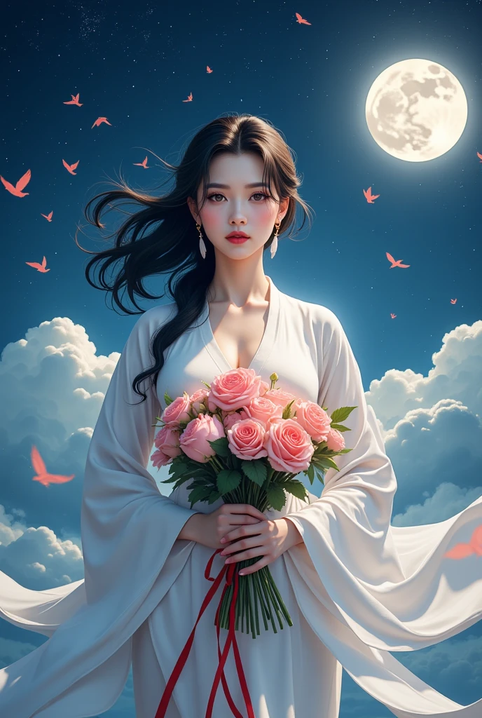 a woman in hanfu holding a bouquet of flowers, realistic photo style, ink painting, 1 mature woman, sky, moon, stars, birds, detailed face, beautiful eyes, elegant pose, floating in the night sky, celestial background, ethereal, serene, dreamlike, cinematic