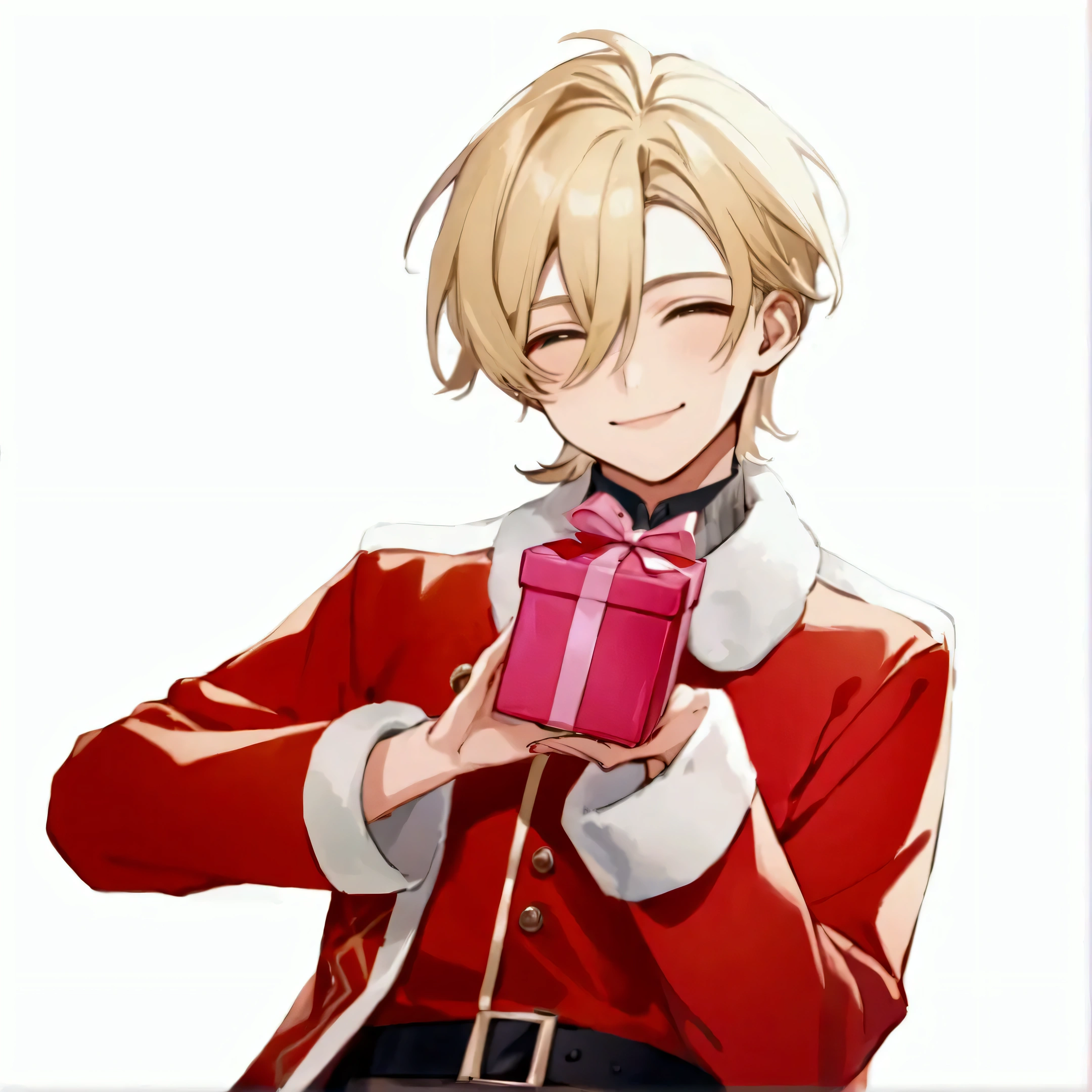 Boy with a smile 。The hair is natural blonde 。I have a pink present。